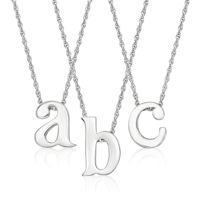 Sterling silver lowercase initial necklace with letter charms a, b, and c on chain