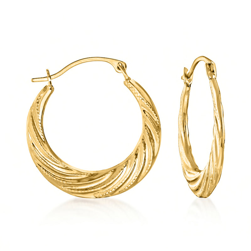 14kt yellow gold twisted hoop earrings with spiral texture and hinged clasp