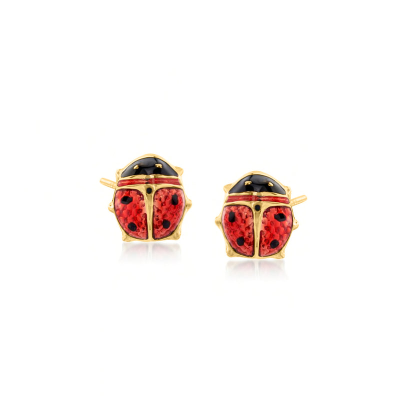 Ladybug enamel stud earrings in 14kt yellow gold with red shells and black spots