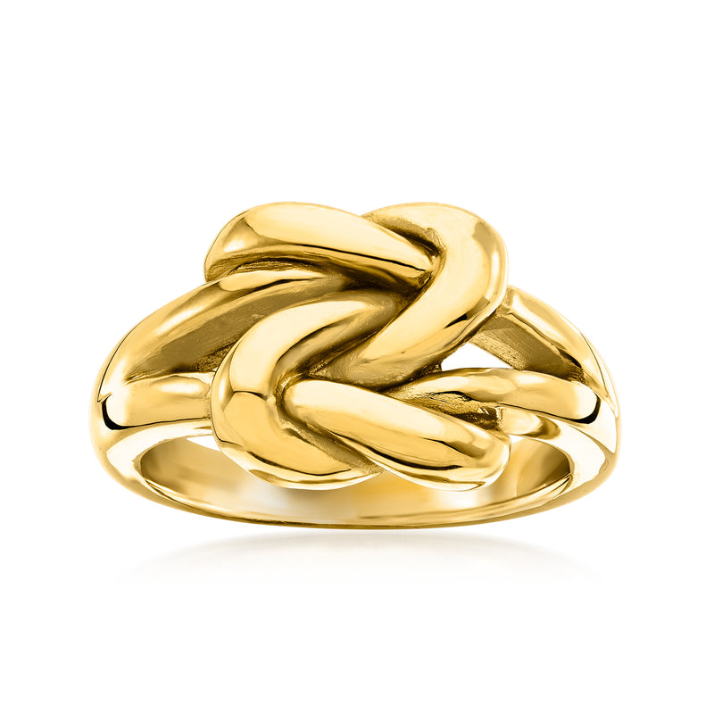 14kt yellow gold double love knot ring, twisted polished band.