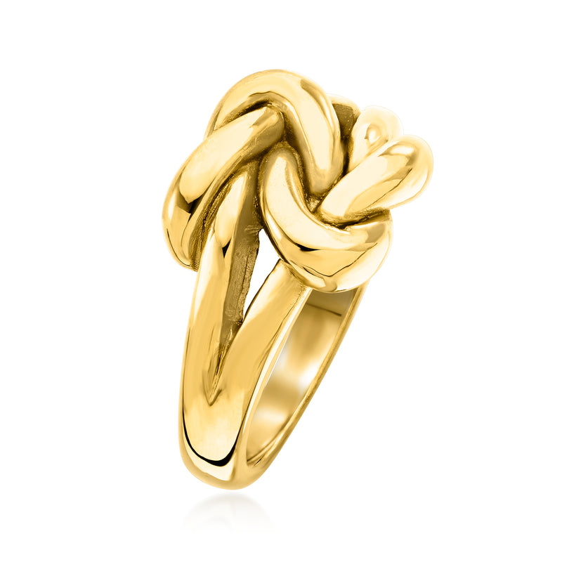 14kt yellow gold double love knot ring, chunky twisted profile, polished finish.