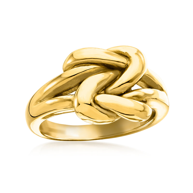 14kt yellow gold double love knot ring, open loop knot design, high shine.