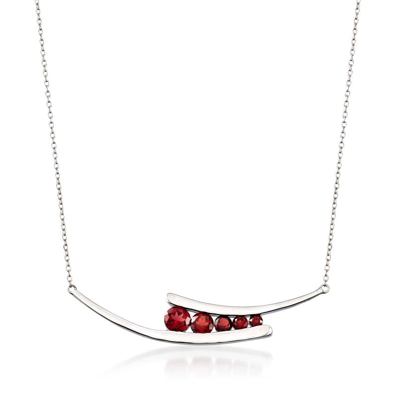 Sterling silver curved bar necklace with graduated red garnet stones along the front