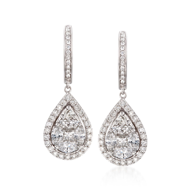 Pear-shaped diamond drop earrings in white gold, with pavé hoop tops