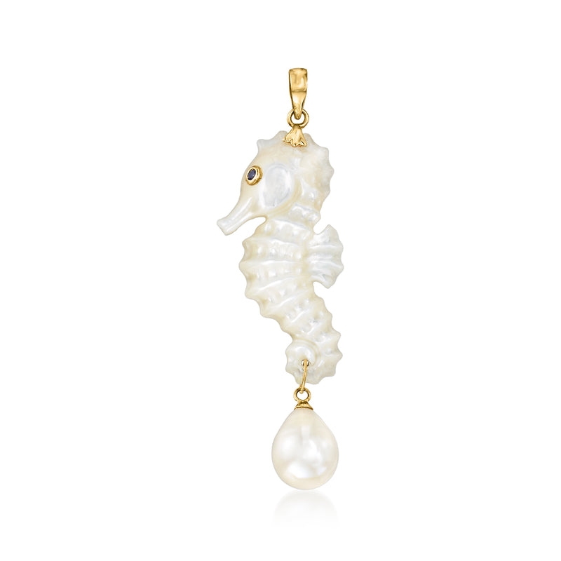 Gold seahorse pendant with mother-of-pearl body and round cultured pearl drop
