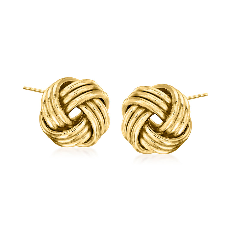 Yellow gold love knot stud earrings, twisted knot design, post backs