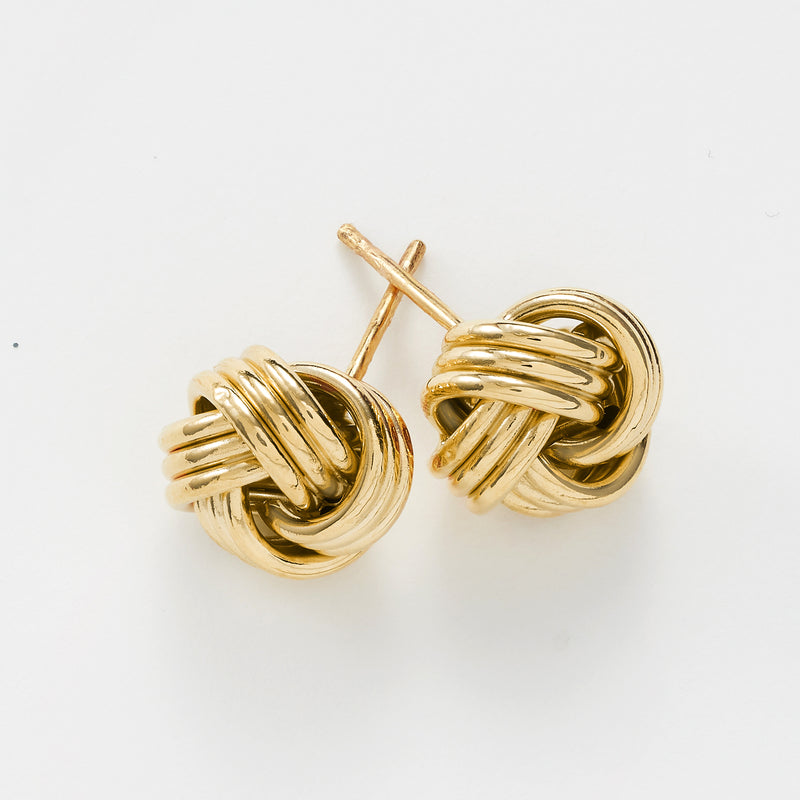 Yellow gold love knot stud earrings, twisted knot loops, post earrings style