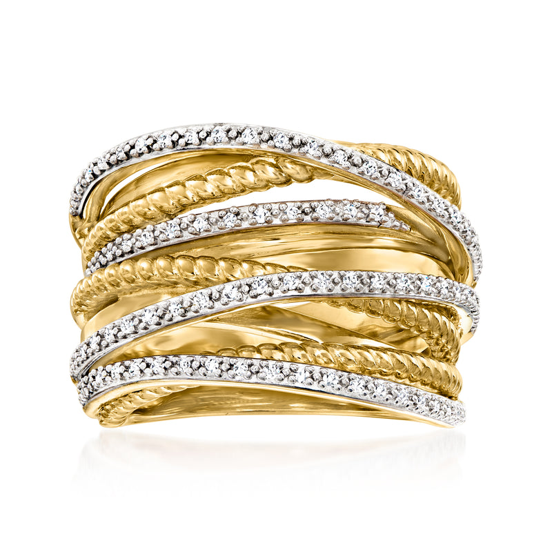 Diamond highway ring in 18kt yellow gold–tone with pave rows and braided accents