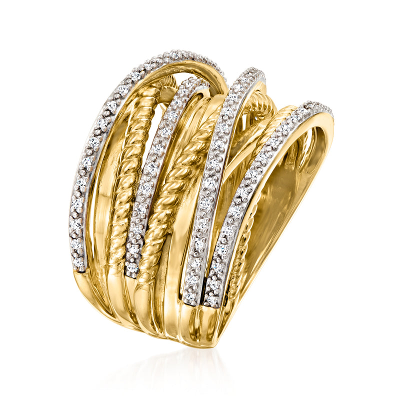 Diamond highway ring in yellow gold over sterling silver with pavé diamond bands