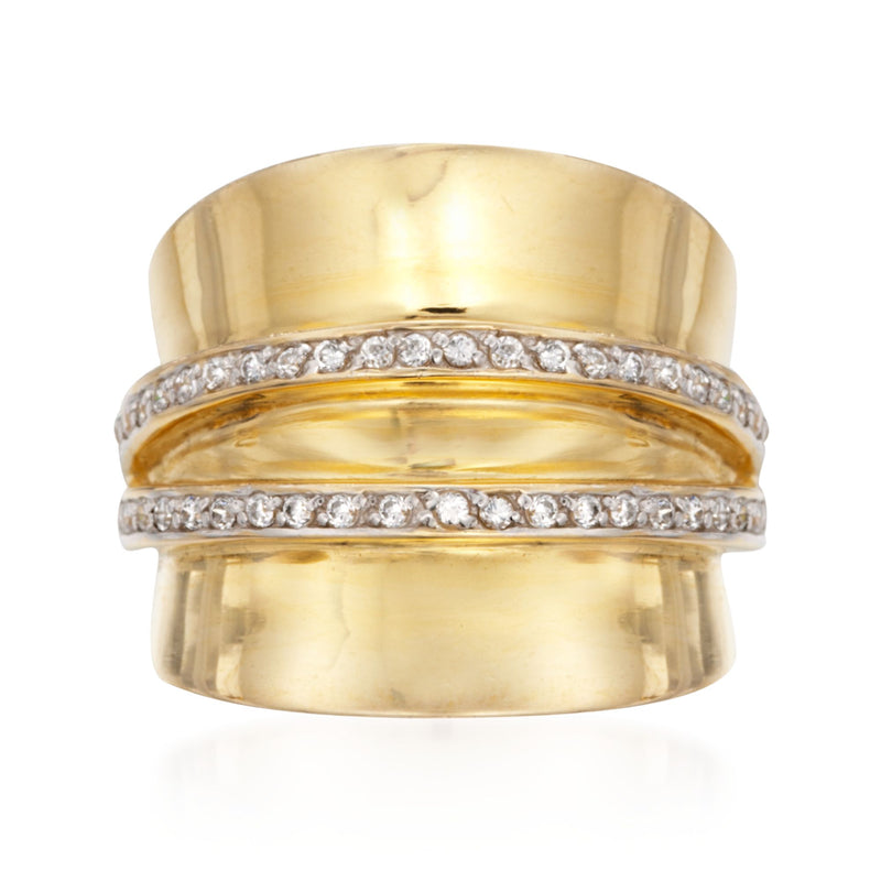 Wide CZ striped ring in 14kt yellow gold over sterling with two rows of clear stones