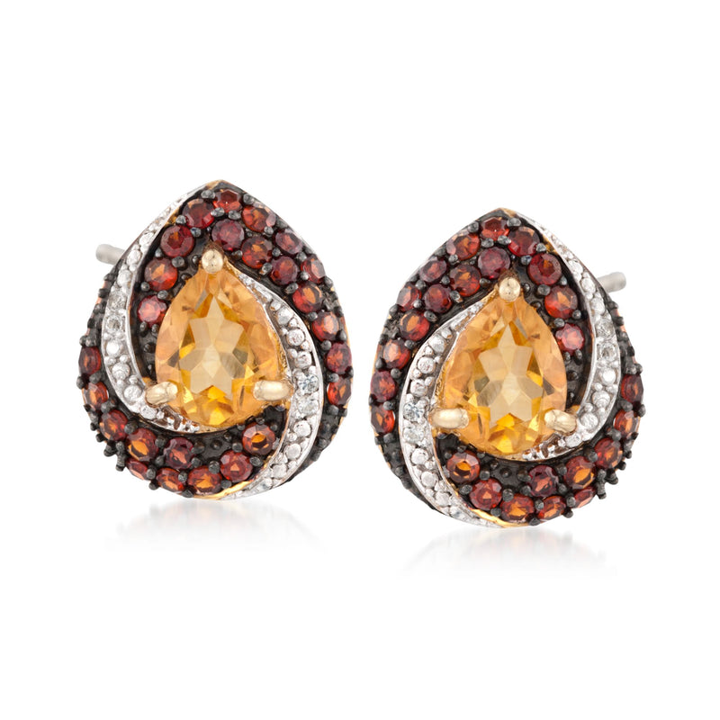 Teardrop drop earrings with citrine center, red garnet halo, diamond accents in gold