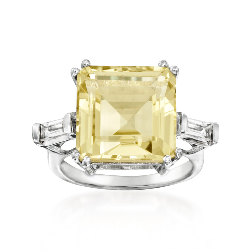 Sterling silver ring with large lemon-yellow square topaz and white topaz accents