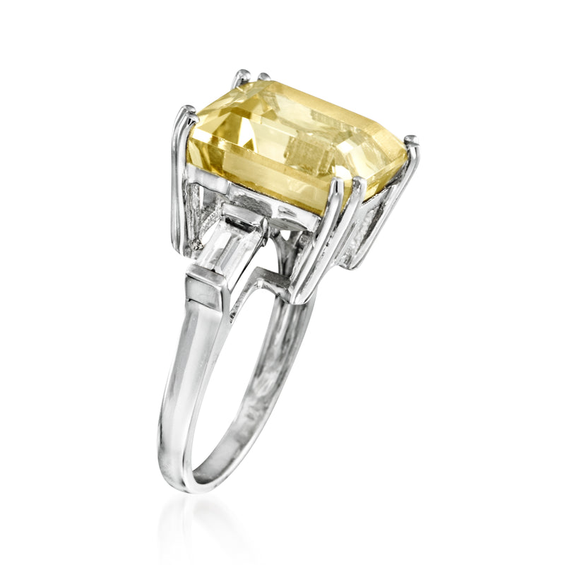 Sterling silver square-cut lemon topaz ring, side view with prong-set white stones