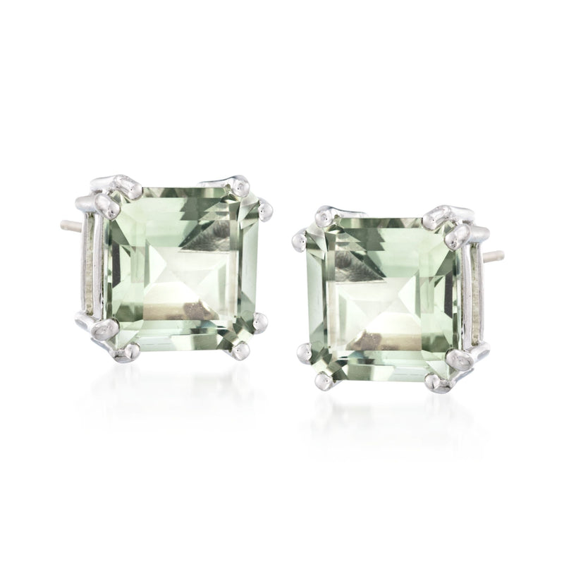 Sterling silver prasiolite stud earrings, square-cut gemstones in bezel settings