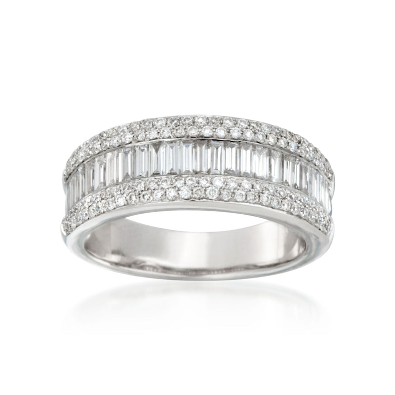 14kt white gold diamond ring band with baguette and round stones, tiered design