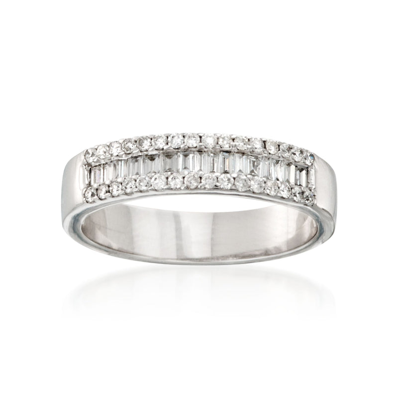 14kt white gold diamond ring with baguette and round stones, polished band