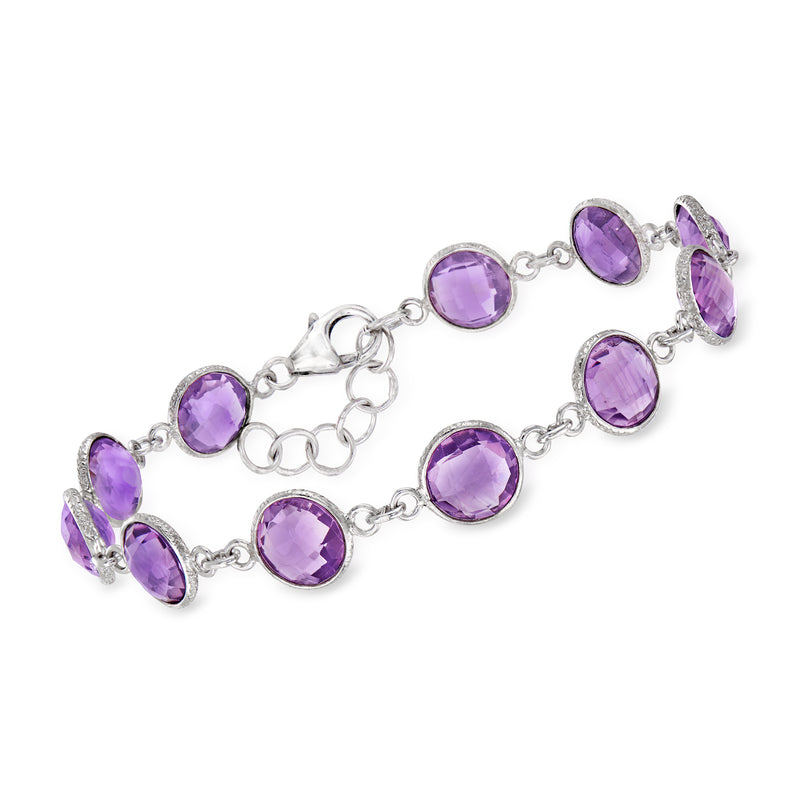 Amethyst bracelet in sterling silver with oval purple gemstones and linked chain