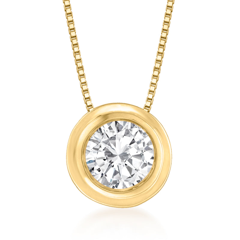 14kt yellow gold double bezel diamond solitaire necklace with round center stone