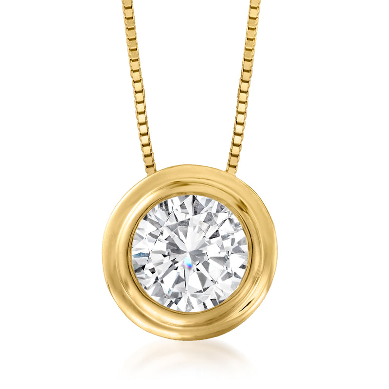 14kt yellow gold solitaire necklace with round double bezel-set diamond