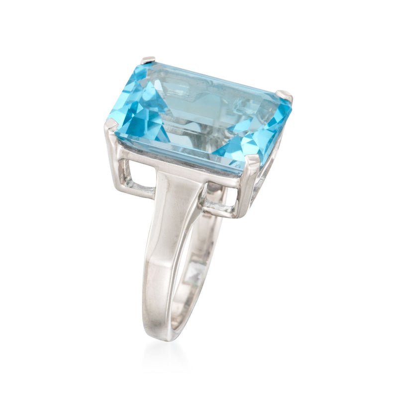 Sterling silver ring with large sky blue topaz in stepped rectangular setting