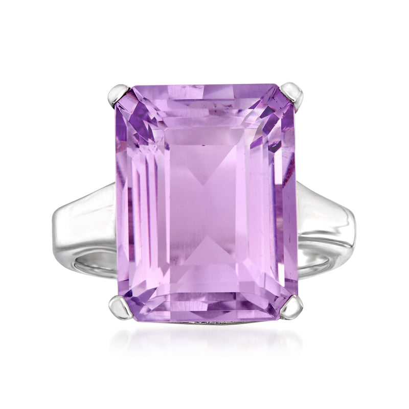 Sterling silver ring with large square-cut amethyst gemstone in prong setting