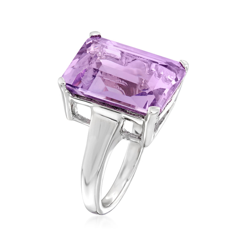 Sterling silver amethyst ring showing angled view of the square-cut center stone