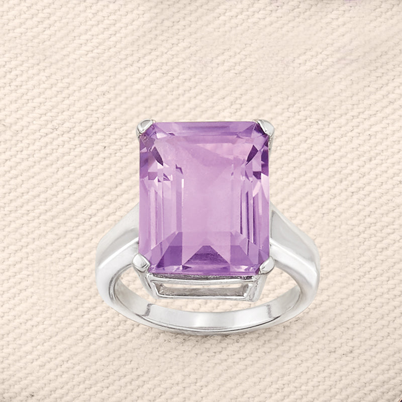 Sterling silver amethyst ring with square-cut purple gemstone and split-prong band