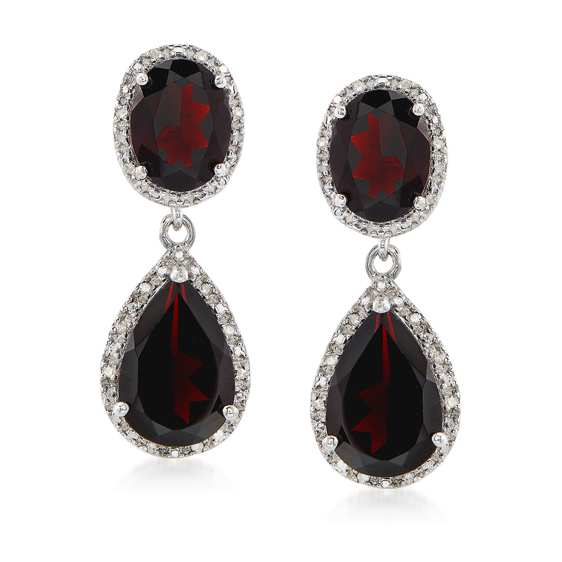 Sterling silver drop earrings with dark red oval and teardrop stones, halo settings