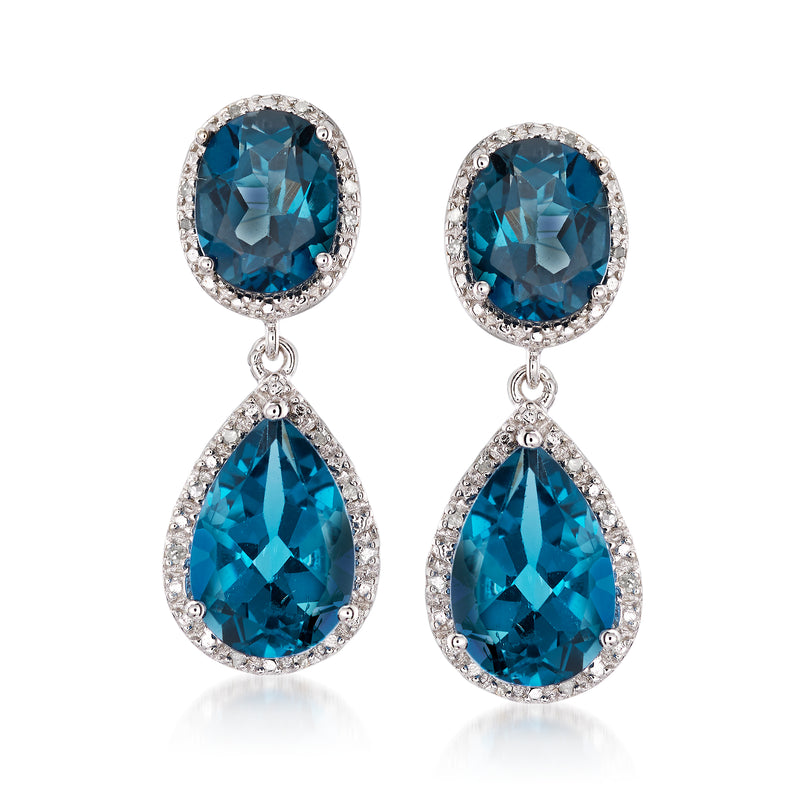 Sterling silver drop earrings with blue topaz and diamond halo teardrops