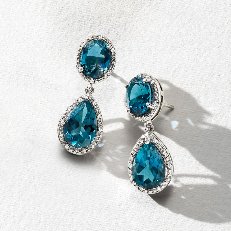 London Blue Topaz and diamond drop earrings in sterling silver