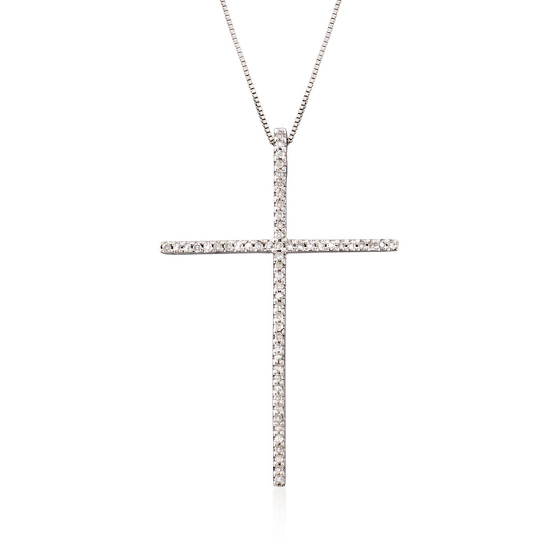 14kt white gold diamond cross pendant necklace with pave diamond details and chain
