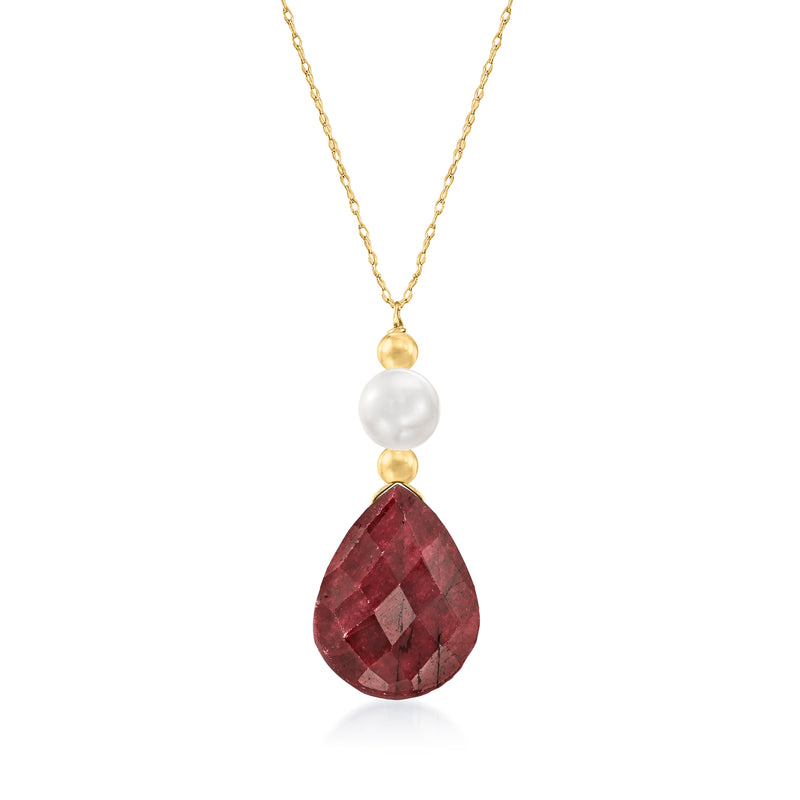 14kt yellow gold necklace with white pearl, ruby teardrop, and gold link chain