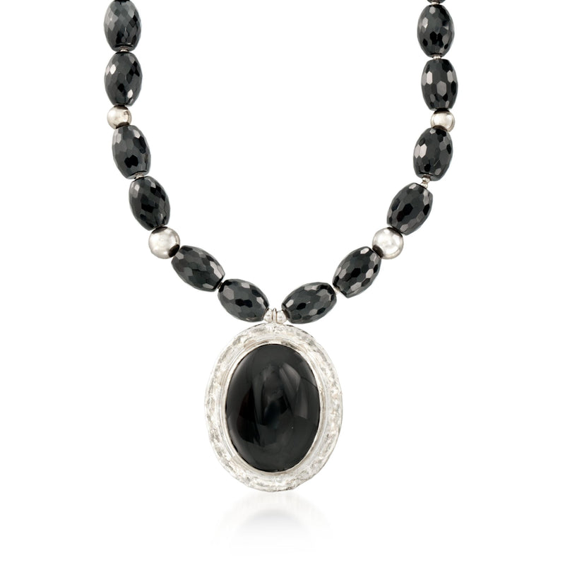 Sterling silver onyx pendant necklace with black oval bead strand and oval stone pendant