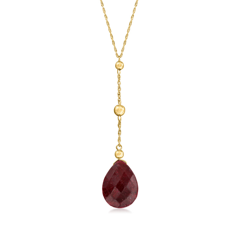14kt yellow gold ruby bead drop necklace with teardrop pendant