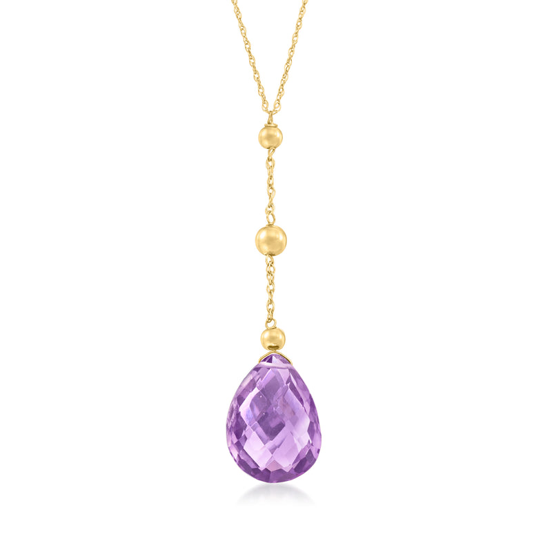 14kt yellow gold Y-necklace with amethyst pear pendant and bead-link chain