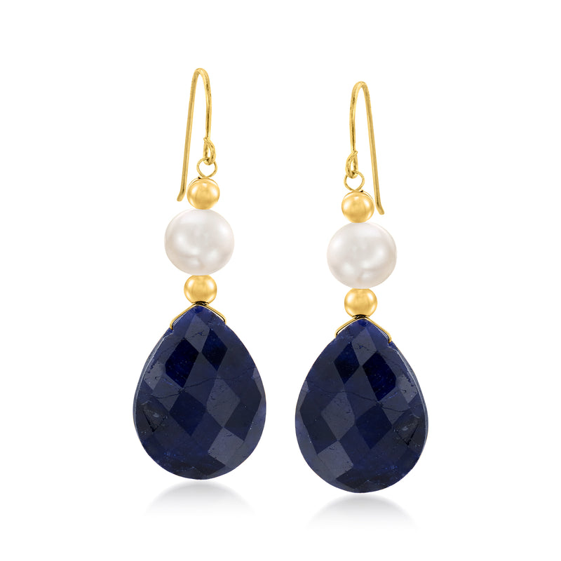 14kt yellow gold drop earrings with cultured pearls, gold beads, and dark blue teardrop sapphire