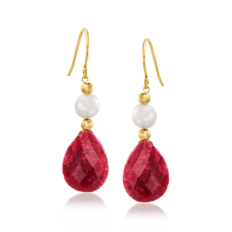 Yellow gold drop earrings with white cultured pearls and red teardrop gemstones