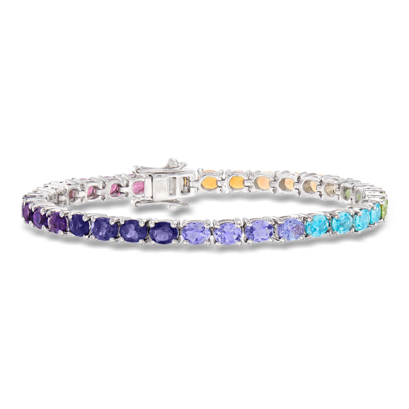 Sterling silver multi-gem tennis bracelet with rainbow-colored stones and hinged clasp