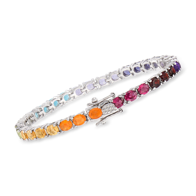 Sterling silver tennis bracelet with multicolor gemstones: purple, pink, orange, blue