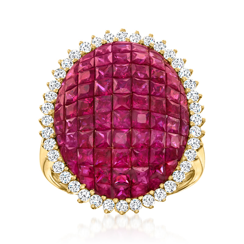 18kt yellow gold ring with oval pavé ruby center and diamond halo