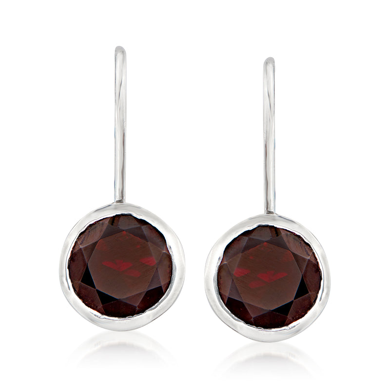 Sterling silver leverback earrings with dark red bezel-set garnet stones, round drop