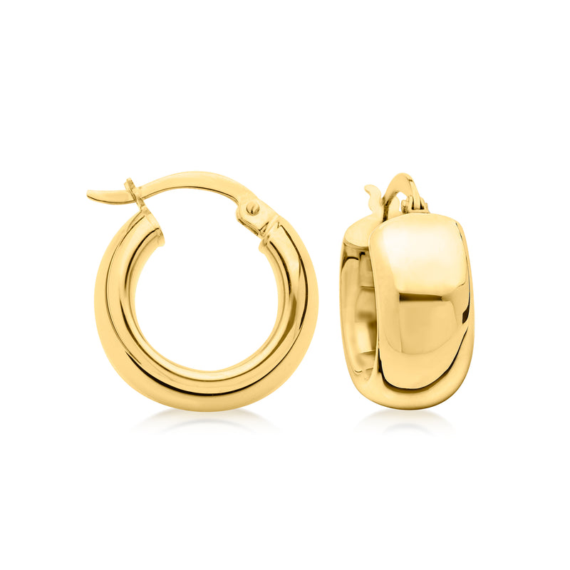 Shiny 14kt yellow gold wide hoop earrings with hinged clasp, round silhouette