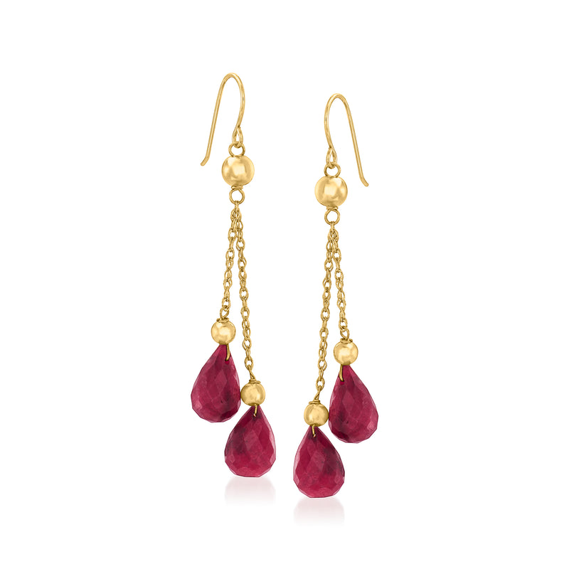 14kt yellow gold double-drop earrings with ruby-red teardrop stones and bead drops