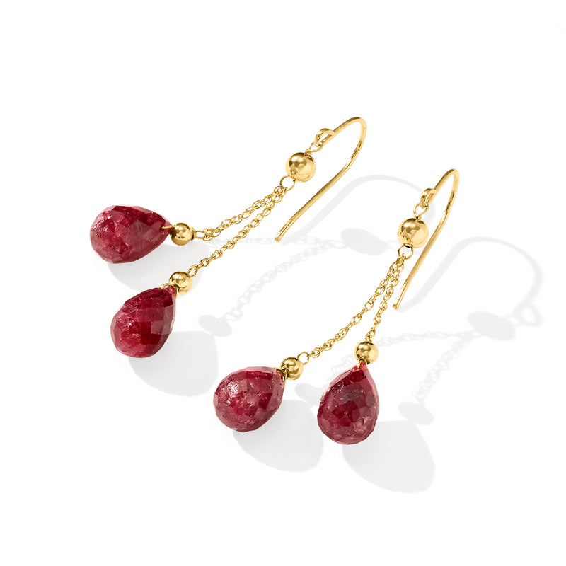 Yellow gold double-drop earwire earrings with ruby-red teardrop stones on chain