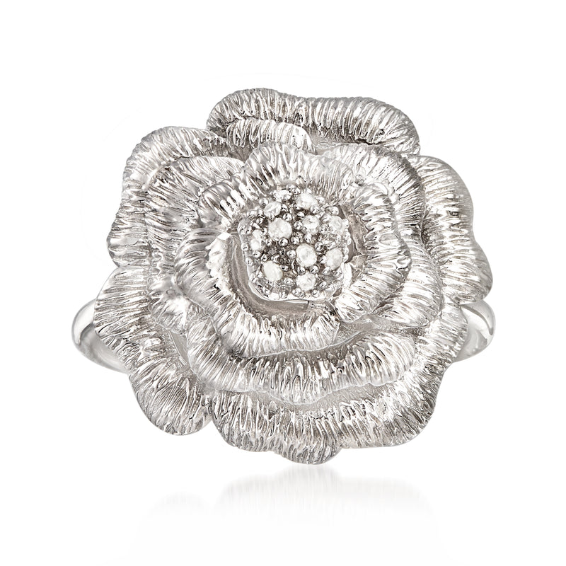 Sterling silver diamond rose ring with textured flower petals and center sparkle cluster