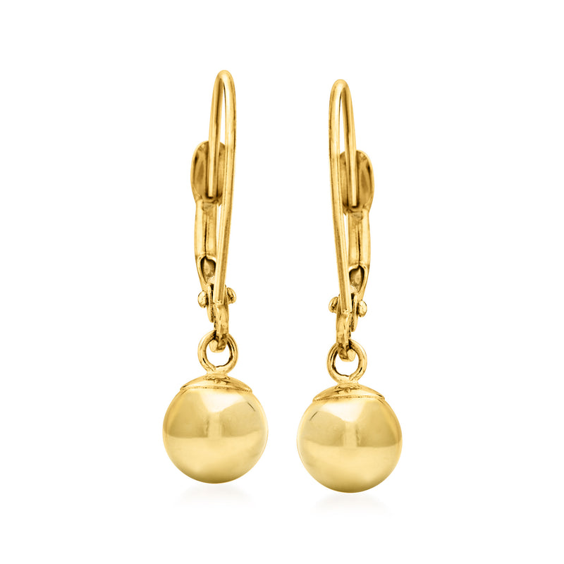 14kt yellow gold polished bead drop leverback earrings