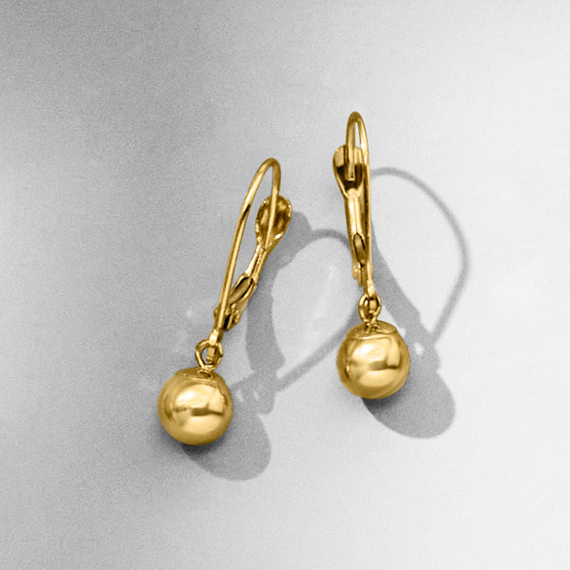 14kt yellow gold polished bead drop leverback earrings, side view
