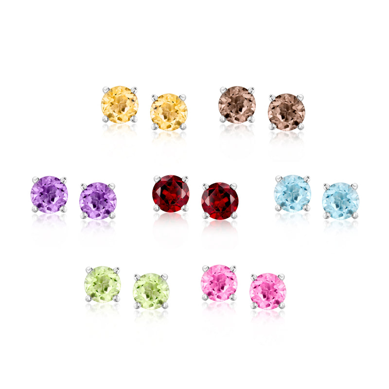 Seven pairs of round multi-gemstone stud earrings in sterling silver with bright colors