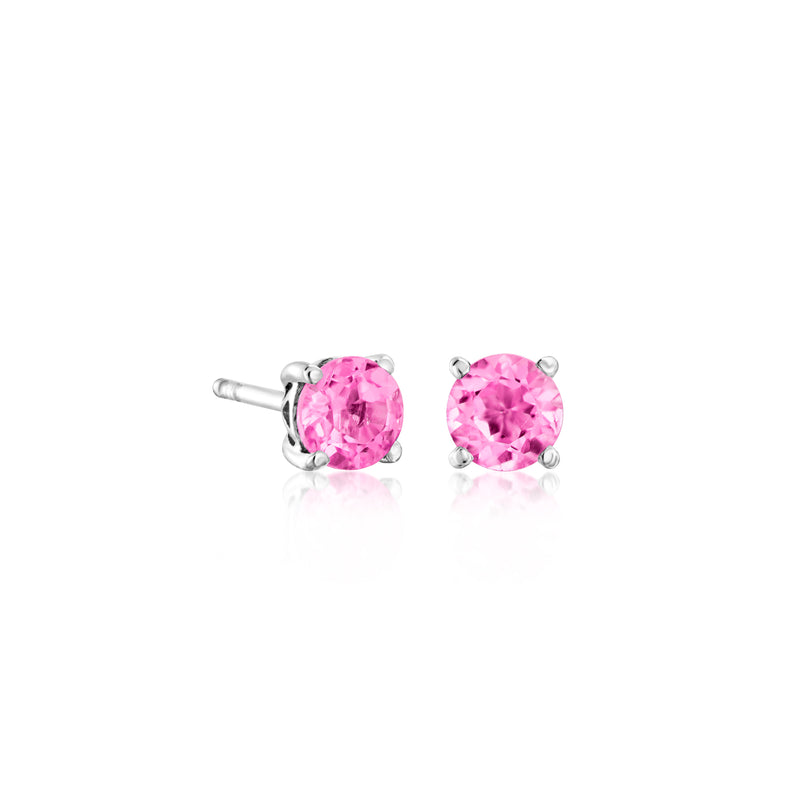 Pair of round pink gemstone stud earrings with sterling silver prongs