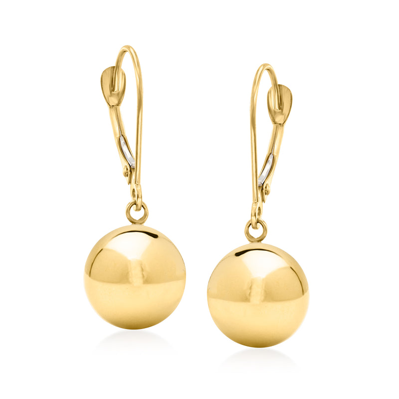 14kt yellow gold bead drop earrings with polished round spheres and leverback hooks